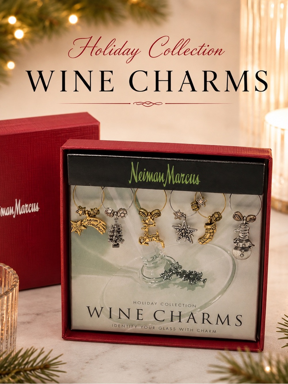 Neiman Marcus Holiday Collection Wine Glass Charms Set of 6 NWT